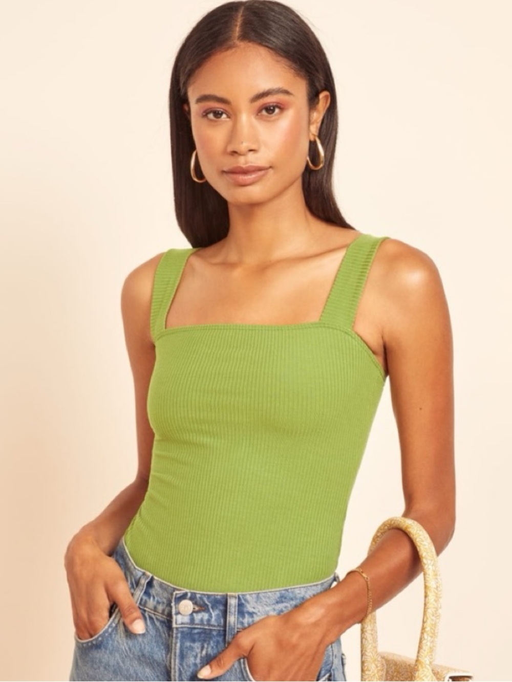 Reformation Jeans Ribbed Square-Neck Tank in Lime Green
